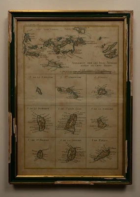 Mapa antiguo de Bonne de la década de 1780 “Islas Antillas” coloreado a mano islas del Caribe enmarcado Foto 1 de 4