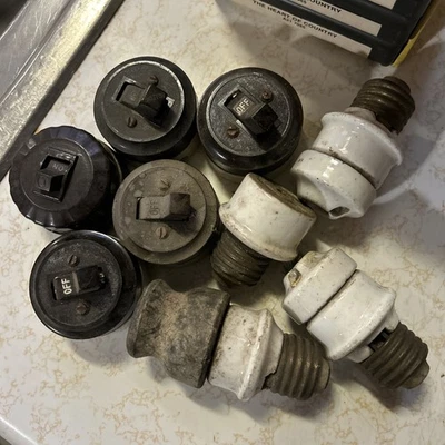 Lot of 9 Antique Federal Paulding porcelain Base Bakelite Top Toggle Light Swit - Image 1 of 4