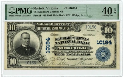 FR.628 1902 $10 Norfolk, Virginia NB Plain Back CH#10194 XF40 PMG EPQ 949973-1 - Image 1 of 3