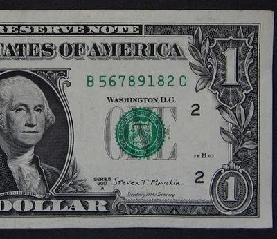 2017A $1 (ONE DOLLAR) - NOTE - SERIAL NUMBER - LADDER IN A ROW "56789 182" - Image 1 of 3