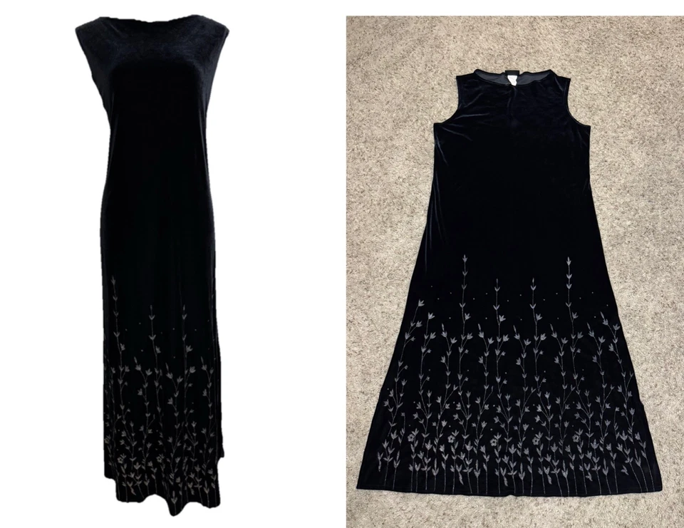 KATHIE LEE Vtg Black Velvet Maxi Dress Sparkle Fairy Goth Grunge Holiday Glam XL - Image 1 of 4