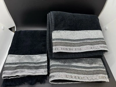 Avanti Hand And Fingertip Towel Towels Black with Silver Grey Accents Set of 3 - Image 1 of 4