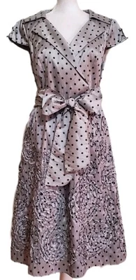 Adrianna Papell vtg 90s gray black polka dot cap sleeve soutache accent dress 6 - Image 1 of 4