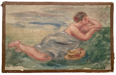 RENOIR IMPRESIONISTA ORIGINAL FIRMADO - MUJER ACOSTADA EN LA DUNA - PINTURA AL ÓLEO Foto 1 de 4