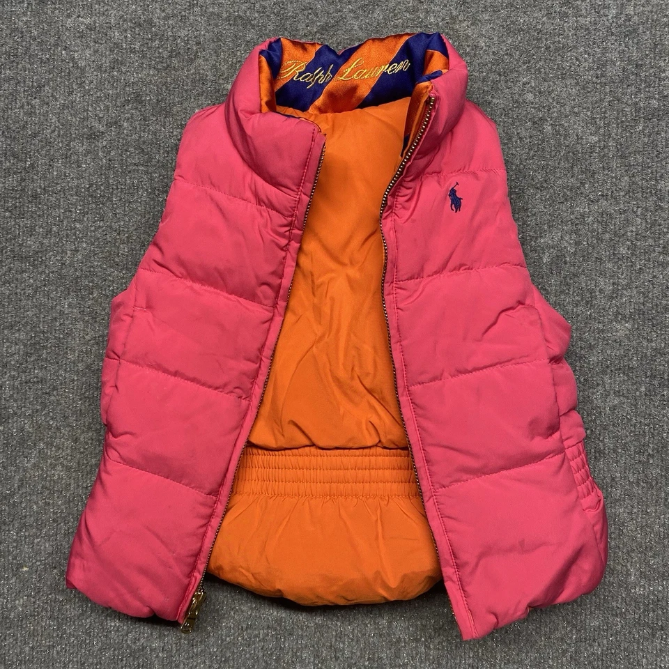 Polo Ralph Lauren colete feminino reversível tamanho 3T criança rosa laranja buffer LEIA - Imagem 1 de 4
