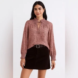 LOFT Pink Floral Long Sleece Blouse Smocked Cuffs High Neck Size M - Picture 1 of 7