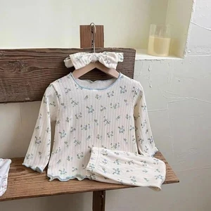 ‌Neu eingetroffen Baby Mädchen Blumendruck Baumwolle Pyjama Set Langarm Spitzenbesatz zwei - Bild 1 von 26