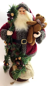 Vtg? 16" Santa Claus w/ Teddy Bear on Wood Base Ceramic Hands & Face - Picture 1 of 21