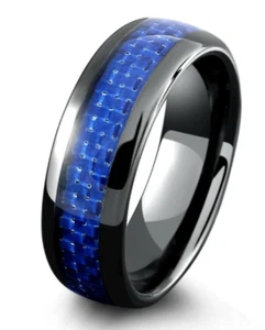 8mm Men's Ceramic with Blue Carbon Fiber inlay Domed Wedding Band Ring - Picture 1 of 3