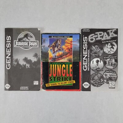 Sega Genesis Insert Lot- Jurassic, Jungle Strike, and 6-Pak - Image 1 of 2