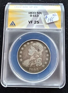 1833 O-113 50C Capped Bust Silver Half Dollar ANACS- VF-25 - Picture 1 of 2