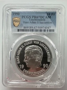 Liechtenstein 10 Franken 1990 Hans Adam II PCGS PR67DCAM Kunststoff hat Risse - Bild 1 von 2