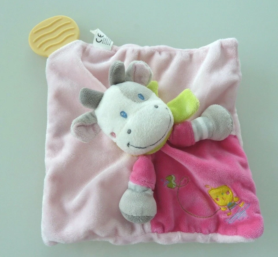 *. DOUDOU PLAT NICOTOY VACHE ROSE OISEAU JAUNE ECHARPE VERT PLAQUE - TTBE - Photo 1/3