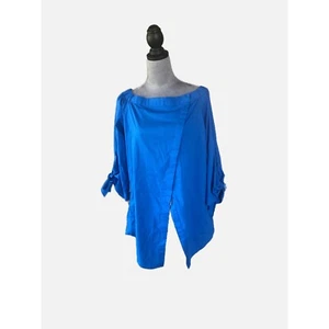Ashley Stewart Women Blue Button Front Elastic Off The Shoulder Blouse Size 16. - Picture 1 of 7