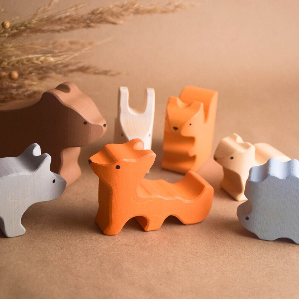 Wooden Animals Toy Set, Woodland Nursery Animals, Montessori Baby