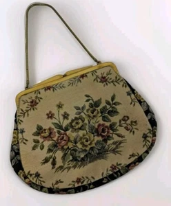 Handtasche Vintage 50er Gobelin Brokat klein Blumen Metallkette Western Germany  - Bild 1 von 12