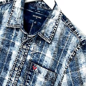 True Religion Shirt Size Large L Short Sleeve Mens Blue Slim Fit - Picture 1 of 13