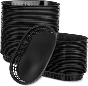 100 Pcs Fast Food Serving Baskets Bulk 10.5 x 7 Inch, Plastic Oval Basket Black - Picture 1 of 6