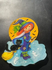 Vintage Halloween Die-cut Cardboard Decoration Witch &Cat On Broomstick USA - Picture 1 of 4