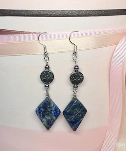 Natural Gemston Lapis Lazuli &Hematite Earrings Stainless Steel Hypoallergenic - Picture 1 of 1