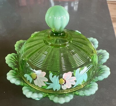 Vintage Green Depression Glass Frosted Tips Footed Small Butter Dish EC - Image 1 of 4