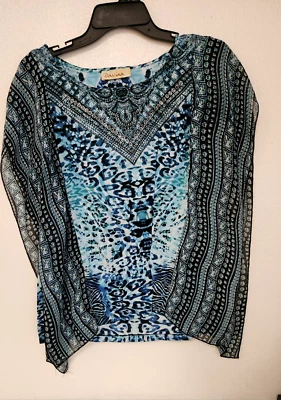 Davina Womens  Blouse Sz M Round Neck With Blue and with stones  Hippie Festival — 第 1/4 张图片