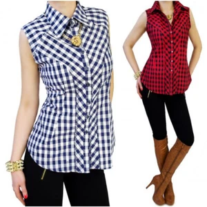 Camicia Donna Scacchi Rosa Nero Blu Rosso Verde Camicetta Senza Maniche Quadri - Imagen 1 de 31