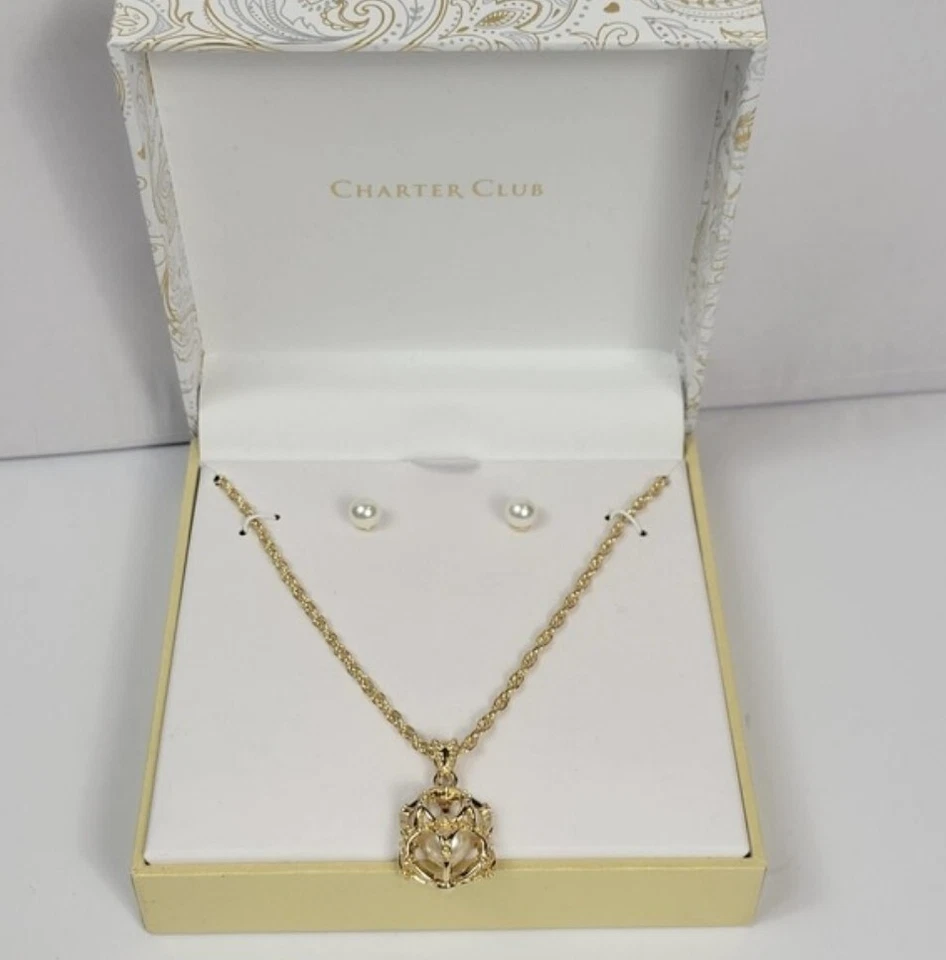 Collar y aretes colgantes de perlas de imitación enjauladas tono dorado Charter Club Foto 1 de 2