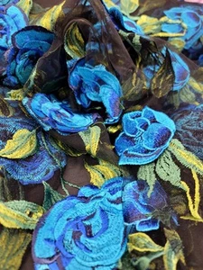 Royal Blue Floral Lace Fabric by the Yard  Embroidered On BLACK MESH FOR DRESS  - Picture 1 of 12