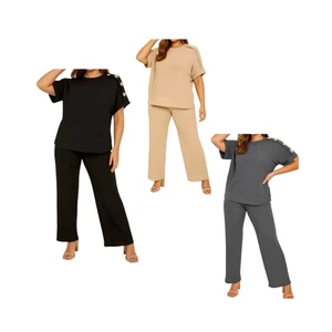 Women's Gold Button Shoulder Top & Trouser Popcorn Texture Cheesecloth Tracksuit - Picture 1 of 4