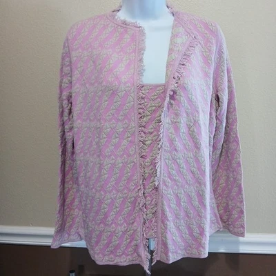 Sigrid Olsen Silk Blend Open Sweater Tank Set Pink Fringed Petite S/M  - Image 1 of 4