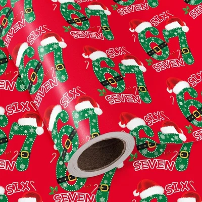 WRAPAHOLIC Funny 67 Christmas Wrapping Paper Roll - Mini Roll - 17 Inch X 16.5 Feet - Red