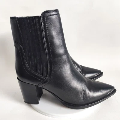 House Of Harlow 7.5 Botas Media Pantorrilla Cuero Negro Tacón Bloque Punta Giratoria Foto 1 de 4