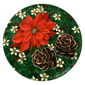 Christmas Round 8" diameter x 3.5" Tin Poinsettia Holly Pine Cones EMPTY - Picture 1 of 6