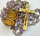 † SCARCE 1800s ANTIQUE "SAPHIRET" GLASS MADE W/ GENUINE GOLD ROSARY NECKLACE †