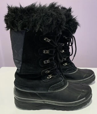 Khombu 女式黑色麂皮绒/橡胶防水冬季靴系带 7M 码带灰色 — 第 1/4 张图片