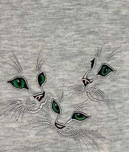 GILDAN Gray Sweatshirt Embroidered Green Eyed Cat Trio Sizes S M XL 2XL 3XL NEW