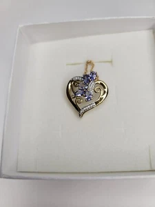 Solitaire Heart Pendant & Chain - 14k Gold Plated Round Tanzanite Brass in box - Picture 1 of 5