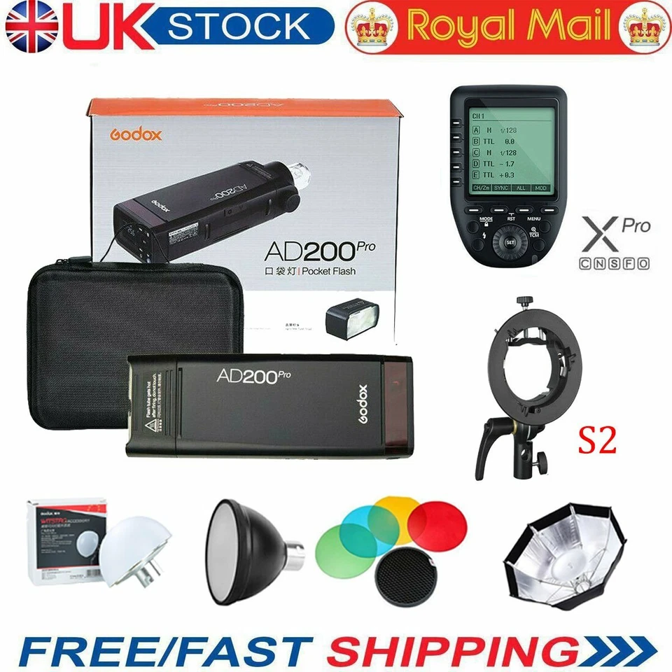 Reino Unido Godox AD200pro TTL HSS Flash + Soporte S2 + Filtro de color + Softbox + Kit de disparo Xpro