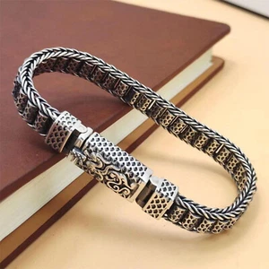 Solid 925 Sterling Silver Chain Men Dragon Beads Braided Bracelet 42.5g/7.8inch - Picture 1 of 5