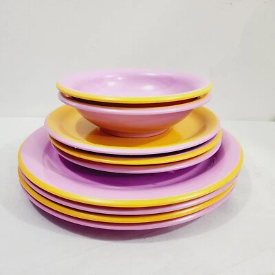 9pc Vtg Melamine Camping Dinnerware Set Small & Dinner Plate Bowls Purple Yellow - Image 1 of 4
