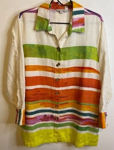 Vintage JOHN MARK Wooden Button Long Sleeve 100% Linen Blouse Shirt Top Striped - Picture 1 of 6
