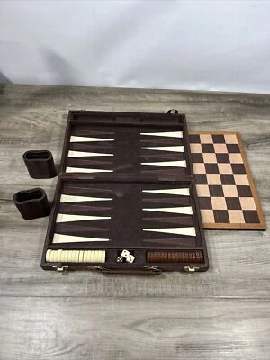 Vintage Backgammon Game Set in Brown Corduroy Case with checkerboard - Image 1 of 4