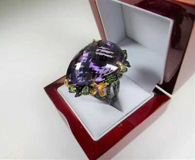 75 CTW PEAR AMETHYST PERIDOT CHROME DIOPSIDE RING Black Rhodium/14kyg/925 SILVER - Image 1 of 4