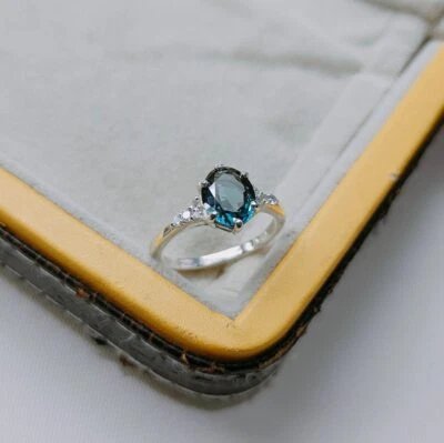 Ocean Teal sapphire ring, oval cut Teal sapphire ring, 925 Sterling Silver ring, - Image 1 of 4