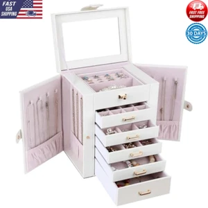 Jewelry Box 6 Layer Organizer W/ Mirror Storage Necklaces Bracelets Rings White - Picture 1 of 4