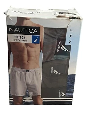 Paquete de 3 calzoncillos boxer pequeños grises azules de corte clásico sin etiquetas de algodón tejido Nautica para hombre Foto 1 de 4
