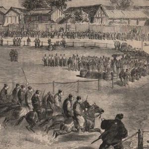 Yokohama Japan - Ein einheimisches Pferderennen - Pressestich 1866 - Bild 1 von 2