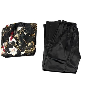 Vintage 2-teiliges schwarz Blumen Satin Pyjama Set Loungewear Small neu mit Etikett Y2K  - Bild 1 von 16