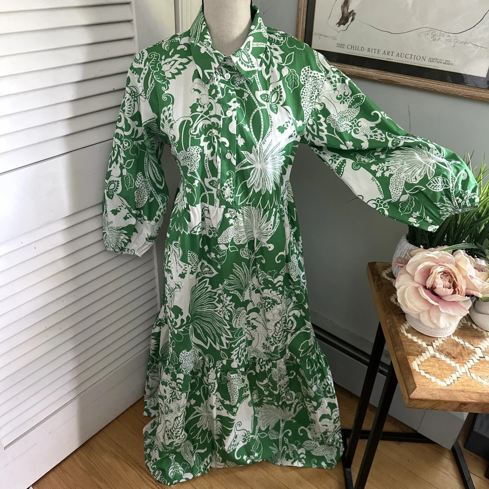 MAEVE ANTHROPOLOGIE Mujer Camisa Vestido XS Verde Floral En Niveles Maxi Bettina Foto 1 de 4
